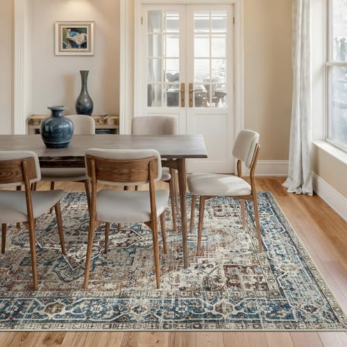 Bloom Rugs Caria Washable Non-Slip 6x9 Rug - Terracotta/Blue Traditional Area Rug for Living Room, Bedroom, Dining Room, and Kitchen - Exact Size: 6' x 9' - color: Terracotta / Blue, size: 6' x 9' (Rectangular)