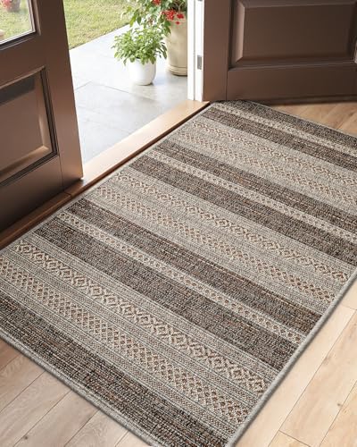 DEXI Dirt Trapper Door Mat, 31x60 Washable Doormat, Dirt Resistant and Absorbent, Easy Clean Low-Profile Floor Rugs for Entryway, Front Door, and Inside Entrance, Striped Brown - color: Striped Brown, size: 2'7" X 5' (Rectangular)