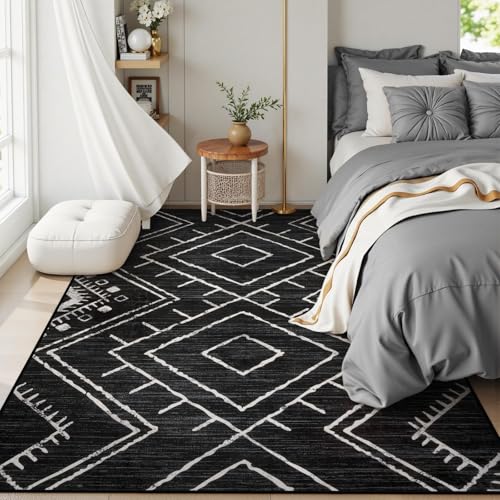 LIVEBOX Western 5x7 Area Rug, Black Washable Rugs for Living Room Bedroom, Non Slip Moroccan Tribal Rug Low Pile Modern Geometric Boho Area Rugs Diamond Carpet for Dining Room Home Office Playroom - color: Black, size: 5‘ x 7'
