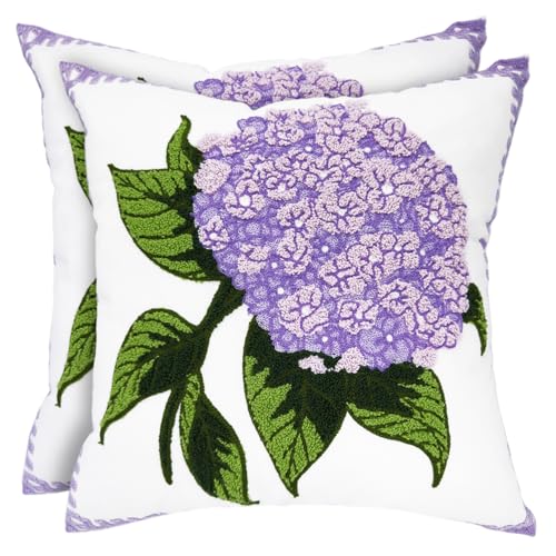 Alysheer Hydrangea Embroidered Decorative Throw Pillow Covers 18"x 18" Set of 2, Purple Lilac Floral Tufted Patterned Cotton Cushion Cases for Couch Bed Living Room Decor - color: Hydrangea Purple, size: 18" x 18" (Pack of 2)