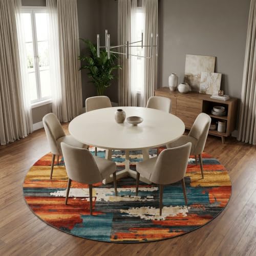 6ft Round Area Rug for Living Room,Modern Abstract Burnt Orange Rug,Terracotta and Teal Brushstroke Rug,Non-Slip Washable,Bedroom, Dining Room, Home Office,Nursery - color: Burn Orange, size: 6ft