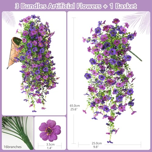 INQCMY Artificial Hanging Flower Baskets for Spring Outdoor Decoration Fake Plants UV Resistant Faux Silk Daisy with Eucalyptus Leaves Realistic Look for Home Porch Patio Yard - color: Deep Purple