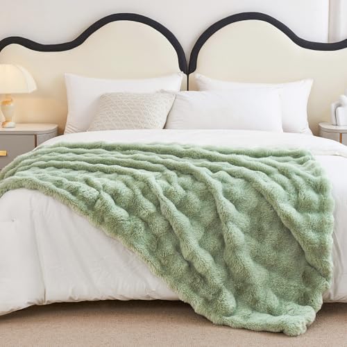 Faux Rabbit Fur Throw Blanket for Couch, Fluffy Warm Plush Thick Bubble Blanket for Bed Sofa Living Room, Soft Cozy Furry Blanket, 50x60 inches, Sage Green - color: Sage Green, size: Throw50"x60"