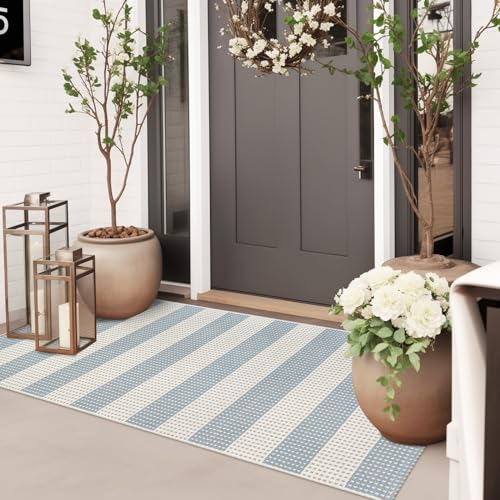 Boho Striped Outdoor Mats for Front Door 2'x4.3',Blue and Cream Washable Rug Runner,Cotton Hand Woven Indoor Outdoor Rugs,Foldable Farmhouse Layered Door Mats for Entryway - color: Blue, size: 2'x4.3'