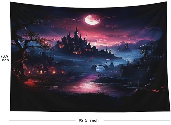 EMMTEEY Halloween Tapestry Halloween Castle Red Moon Dark 92.5X70.9 Inch Extra Large Tapestry Wall Art Hanging Tapetries for Bedroom Living Room Dorm Décor