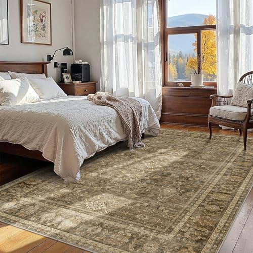 HelloTree Washable Rugs 6x9 Area Rug for Living Room, Vintage Boho Brown Rug Non Slip Carpet Retro Accent Indoor Mat Print Distressed Low Pile Throw Large Rug for Office Bedside-Brown - color: Brown, size: 6' x 9' (Rectangular)