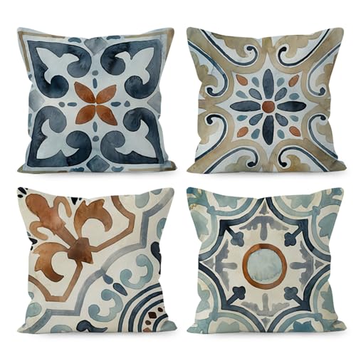 Boho Pillow Covers - 18x18, Watercolor Boho Vintage Retro Floral Mandala Linen Throw Pillow Covers Set of 4, Decorative for Living Room, Bed, Outdoor