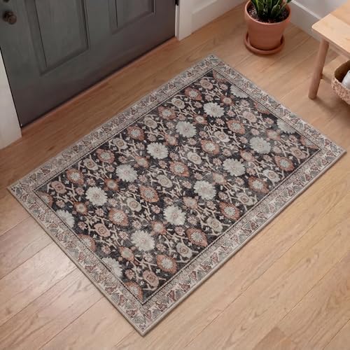 Kuden 2x3 Small Rug, Machine Washable, Non-Slip Backing, Vintage Style, Soft, Low Pile, Area Rugs for Entryway Kitchen Indoor Entrance - color: Black / Red, size: 2' x 3' Rectangular