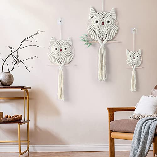 MVSUTA Owl Ivory Cotton Handmade Macrame Wall Hanging Tapestry Home Decor Art Cream Craft Wonderful Decoration Woven Beige Boho Ornament for Office Bedroom Apartment Living Nursery Gallery,3pcs - color: Ivory, size: 3pcs set:1pc L & 1pc M & 1pc S