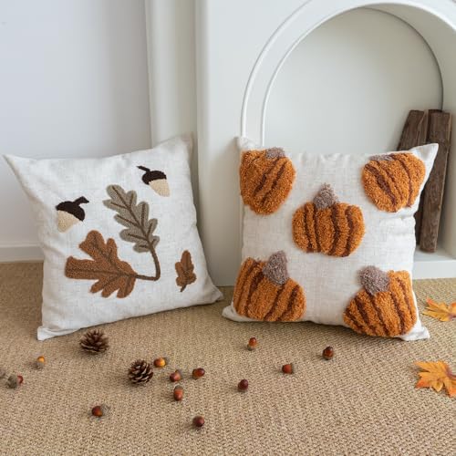 Fall Tufted Pumpkin Pillow Cover, Fluffy Autumn Harvest Throw Pillow Sham, Orange Burlap Decorative Pillowcase for Farmhouse Halloween Thanksgiving Home Decor, Square 18 inches, 1PCS