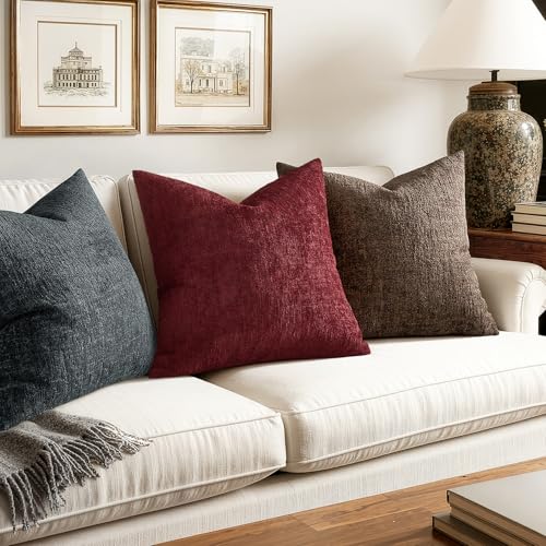 MIULEE Decorative Throw Pillow Covers 18x18 Pack of 2 Burgundy Couch Pillow Covers Soft Cozy Textured Chenille Pillowcases for Home Decor Sofa Living Room Cushion Bedroom - color: Burgundy, size: 18" x 18" (Pack of 2)