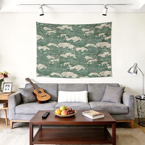 gsgfdshf Abstract Japanese Green Ocean Coral Wall Tapestry, Vintage Japanese Inspired lined Art Coastal Aesthetic Tapestry Wall Hanging for Bedroom Living Room Home Decor, 50x60 Inch - color: Landscape Text-Tapestry-J