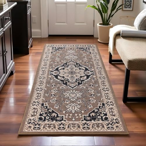 Superior Indoor Runner Rug, Plush Carpet Cover, Traditional Oriental Medallion, Perfect for Hallway, Entryway, Living Room, Dining, Bedroom, Office, Kitchen, Glendale Collection, 2' 7" x 6', Brown - color: Brown, size: 2'7" x 6' (Runner)