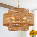 23.6" Gold Rattan Chandelier, 6-Light Hand-Woven Wicker Drum Chandelier, 3-Tier Boho Farmhouse Light Fixture for Dining Room,Kitchen Island,Living Room,Bedroom - color: gold 23.6"