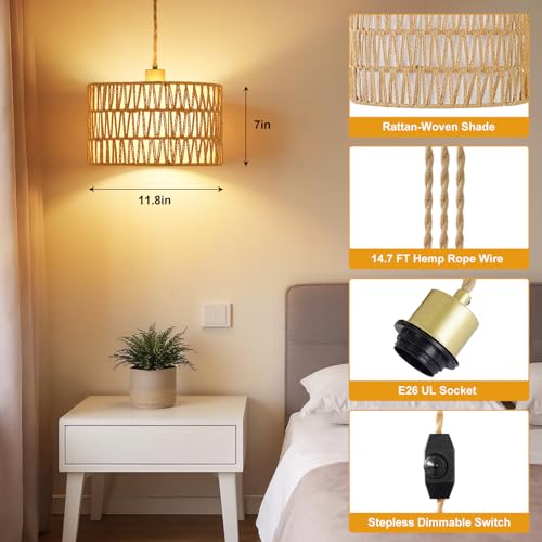 Vinaco Plug in Pendant Light Paper Woven Rattan Hanging Lights, Stepless Dimming Wicker Pendant Light Plug in, High Output Boho Swag Lamps Cord Adjustable for Bedroom Dining Room Corridor Foyer - size: 2 tier HL-10
