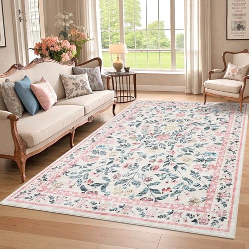 GarveeHome Washable Rug 6 x 9, Low Pile Farmhouse Floral Rug, Non-Shedding Indoor Foldable Printed Carpet Non-Slip Soft Vintage Throw for Bedroom Dining Room Kitchen, Pink - color: Pink, size: 6' x 9' (Rectangular)