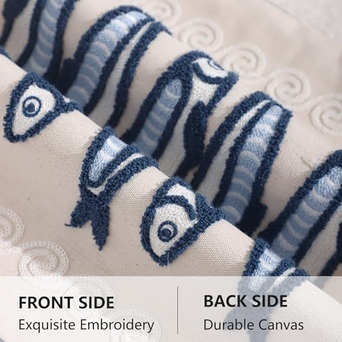 LUOYEHK Summer Coastal Throw Pillow Covers 18x18 Set of 2 Embroidered Blue and White Fish Decorative Pillow Cases Ocean Themed Canvas Cushion Covers for Couch Sofa Bed Living Room, Sardines - color: Sardine Fish