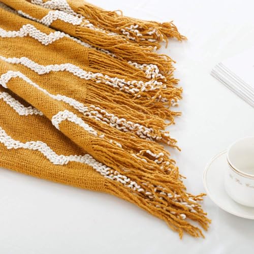BOURINA Fluffy Chenille Knitted Fringe Throw Blanket Lightweight Soft Cozy for Bed Sofa Chair Throw Blankets, 60" x 80",Mustard - color: A-mustard, size: 60"×80"