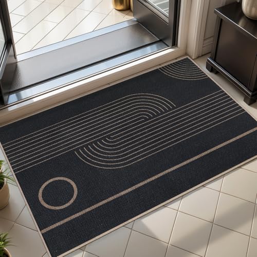 Tangsoo 2x3 Easy Jute Rug for Entryway,Washable Ultra Thin Small Area Rug Non-Slip Black Outdoor Mat, Modern Geometric Line Front Door Carpet for Kitchen Bedroom Porch Doorway Entrance - color: Black Geometry, size: 2x3ft