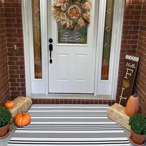 Black and White Striped Outdoor Rug Front Porch Rug 27.5"x43" Cotton Hand-Woven Welcome Mats Layered Door Mats for Front Porch/Entryway/Laundry Room/Bedroom/Outdoor - color: Black&white Stripe S, size: 2'4" x 3'7" (Rectangular)