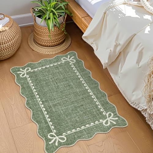 GarveeHome Scalloped Bow Rug for Kitchen Floor, Solid Green Rug for Dorm, Washable Entryway Rugs 2x3 Soft Low Pile Non Slip Scalloped Rugs for Nursery Bedroom Decor Hallway - color: Green, size: 2' x 3' (Rectangular)