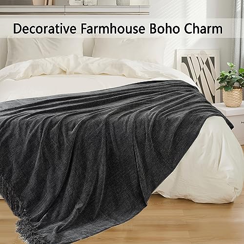 Chenille Throw Blanket for Couch 50"X 60", Soft Cozy Throws with Fringe Tassel for Bed Sofa Chair Cover, Lightweight Knitted Decorative Boho Blankets for Living Room, Dark Grey - color: Dark Grey, size: 50x60 inch