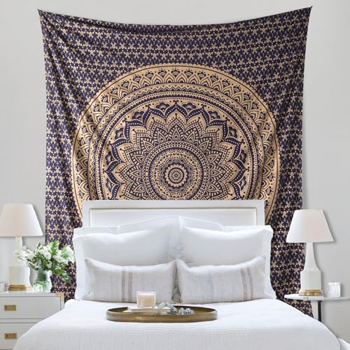 THE ART BOX Blue Gold Ombre Tapestry Wall Hanging Mandala – Bohemian Room Decor – Cotton Throw Tapestry – Boho Bedding Queen Bedspread 55x82 Inches - color: Gold and Blue, size: 55"L x 82"W