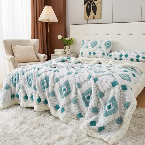 UKELER Boho Throw Blanket 60"x80", Ultra Soft Warm Sherpa Fleece Bohemian Blanket, Hollow Jacquard Fluffy Plush Decorative Blanket for Couch Sofa Office Nap Camping, Blue - color: Ab-blue, size: 60x80 Inch