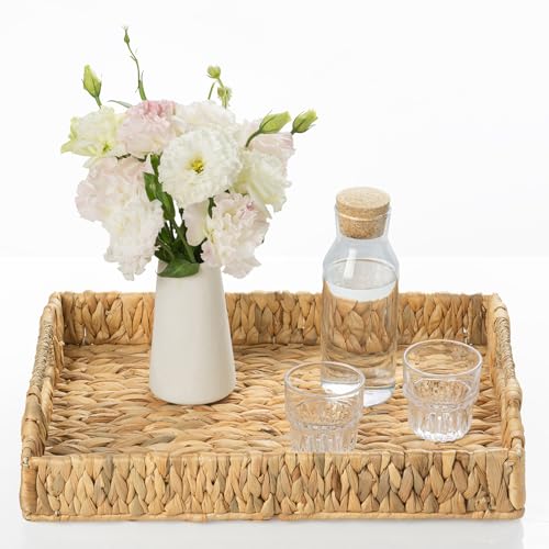 Rectangle Wicker Scalloped Serving Tray with Handles - Seagrass Handwoven Trays,Water Hyacinth Tray for Home Decor and Living Room, Dining Table, Bathroom Organizing, 17.3" L x 13.4" W x 3.6" H - color: Water Hyacinth-rectangle, size: 17.3" x 13.4" x 3.6"