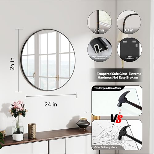 SCWF-GZ 24" Round Mirror Circle Wall Mounted Hanging or Against Wall Aluminum Alloy Metal Frame Dressing Make-up Mirrors for Entryway Bedroom Bathroom Living Room 24 inch Black - color: Black, size: 24"L x 24"W