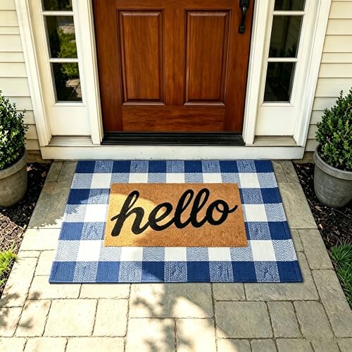 MUBIN Cotton Blue White Plaid Rug, 27.5''x 43'' Checked Outdoor Rug Front Door Decorative Mat, Hand-Woven Washable Reversible Foldable Rug for Front Porch, Entryway (43''L x 27.5''W, Blue White Plaid) - color: Blue White Plaid, size: 2'3" x 3'7" (Rectangu