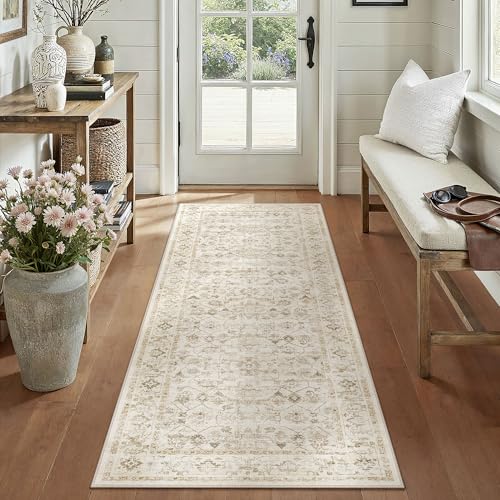 2x6 Beige Washable Neutral Runner Rug for Living Room Soft Floral Non Slip Runner Area Rug Modern Low Pile Stain Resistance Indoor Carpet Doormat Hallway Kitchen Stair Bedroom Bathroom - color: Neutral | Beige, size: 2'x6'