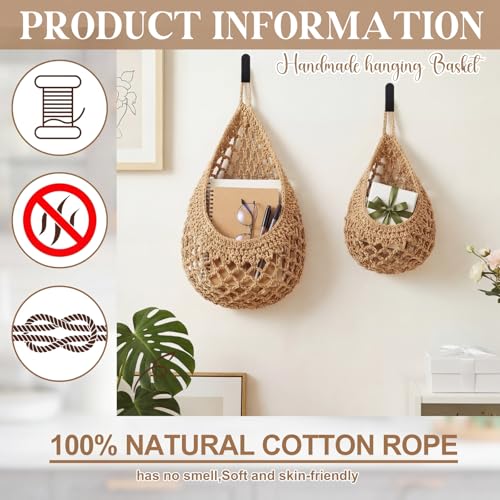 Honeydak Boho Decor Hanging Wall Baskets for Kitchen 3 Pack Teardrop Baskets with Hooks Storage Fruit Onion Vegetable Potato for Home 3 Sizes(Light Linen,Crochet,Cotton Rope) - color: Linen, size: Cotton Rope, style: Modern