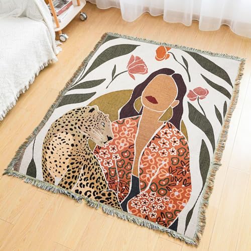 LumiSyne Double-Sided Cotton Woven Throw Blanket with Tassel Jungle Bohemian Style Tapestry Shawl Multi-Function Decorative Throws for Sofa Bed Armchair Camping Blanket Tablecloth Carpet 160x130cm - color: Beauty and the Beast