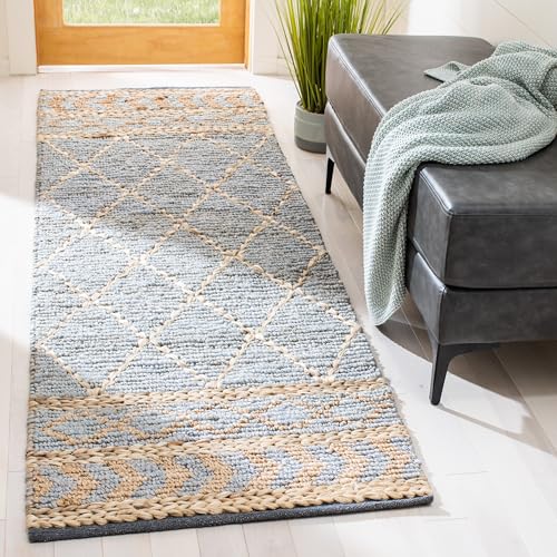 SAFAVIEH Natural Fiber Collection Runner Rug - 2'3" x 8', Natural & Blue, Handmade Boho Moroccan Trellis Jute, Ideal for High Traffic Areas in Living Room, Bedroom (NF955N) - size: 2'3" x 8' (Runner)