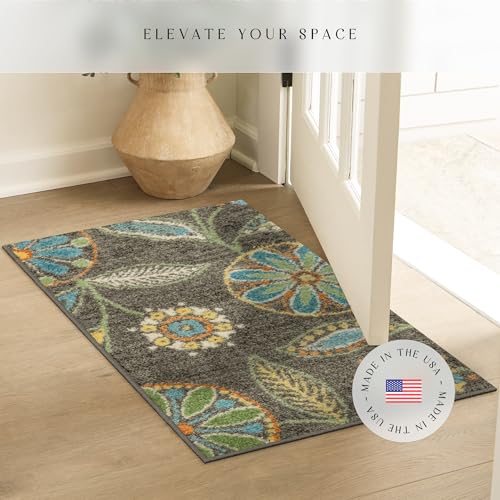 Maples Rugs Reggie Floral Runner Rug - Made in USA - Washable, Non Slip Indoor Carpet for Kitchen, Hallway, and Laundry Room, 1'8 x 4', Dark Grey - color: Dark Grey, size: 1'8" x 4' (Rectangular)
