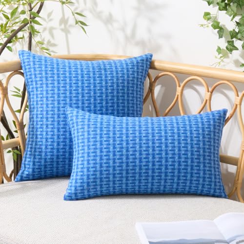 UGASA Outdoor Waterproof Pillow Covers Pack of 2 Weaving Texture Water Resistant Outside Decorative Pillow Cases for Patio Garden Porch Yard Bench Tent 16x16 Inch, Blue - color: Blue, size: 16" x 16" (Pack of 2)