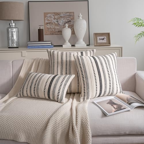 Cethom Black and Beige Boho Throw Pillow Covers 18x18 Inch Set of 2, Stripe Textured Decorative Couch Pillow Cases for Bed, Sofa, Living Room, Bedroom, Farmhouse Home Accent Cushion Covers - color: Black, size: 18" x 18" (Pack of 2)