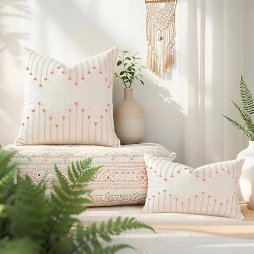 ZONYO Lumbar Throw Pillow Covers 12x20 Set of 2, BohoTextured Woven Cotton Decorative Cushion Covers with Fringe Tassel, Fade Resistant Washable for Couch Sofa Bed Patio, Farmhouse Outdoor Decor, Pink - color: Pink, size: 20" x 12" (Pack of 2)