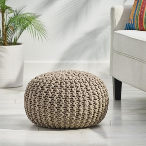 Round Pouf Ottoman, Knitted Cotton 20x20 Floor Pouf Foot Rest Stool, Handmade Braided Cable Knit Pouffe for Living Room Bedroom Nursery, Boho Home Decor Accent Seat, Brown