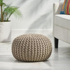 Round Pouf Ottoman, Knitted Cotton 20x20 Floor Pouf Foot Rest Stool, Handmade Braided Cable Knit Pouffe for Living Room Bedroom Nursery, Boho Home Decor Accent Seat, Brown