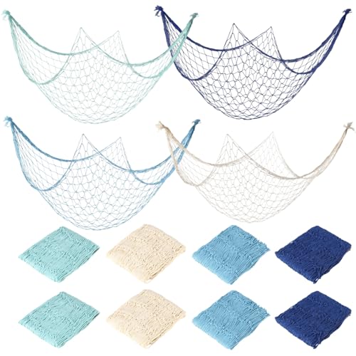 12 Pcs Fish Net Decorations, 3.3 x 6.6 ft Nautical Party Decorations, Wall Hanging Cotton Fishnet Photo Wall Background for Underwater Beach Party Decoration