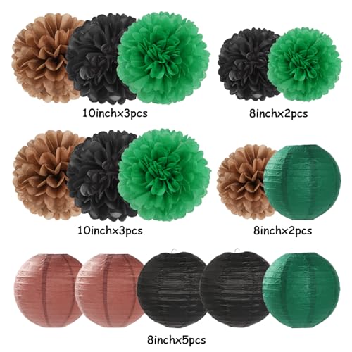Football Party-Decorations Paper-Flowers - 15pcs Green Brown Black Tissue Pom Poms Lanterns Streamers,Birthday Baby Shower Bachelorette Hanging Supplies Decor Hugfond - color: Brown Green Black