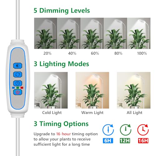 Aumtrly Floor Grow Lights for Indoor Plants, Full Spectrum Plant Light with 68" Stand for Growing Large Tall Plants, White Halo Grow Lamp with 6/12/16H Timer, 3 Light Modes, 5 Dimming - size: 1 head 68inch/white