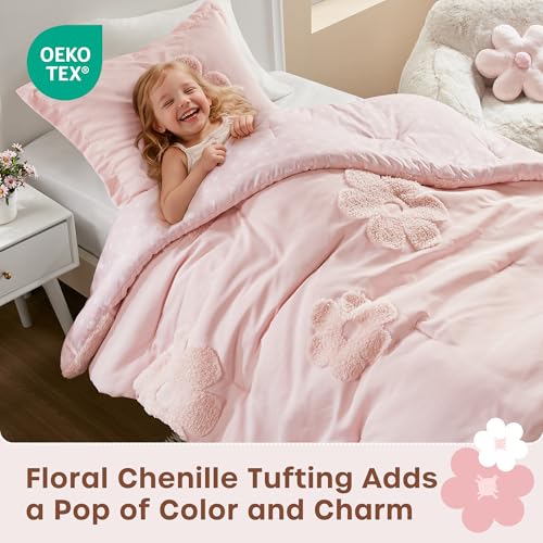 Intelligent Design Kids Twin Comforter Set for Girls, Tufted Chenille Floral Comforter Set Twin, Lightweight Polka Dot Comforter Reversible Bed Set, Sham, Pillow, Gracie, Twin Pink 3 Piece - color: Pink, size: Twin Comforter