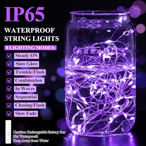 Lakumu 16FT(5M) Purple Fairy Lights, Rechargeable Battery Operated String Lights with Timer, 8 Modes Waterproof Mini LED Twinkle Lights for Bedroom Christmas Wedding Vine Centerpiece Table Decor - color: Purple, size: 16FT