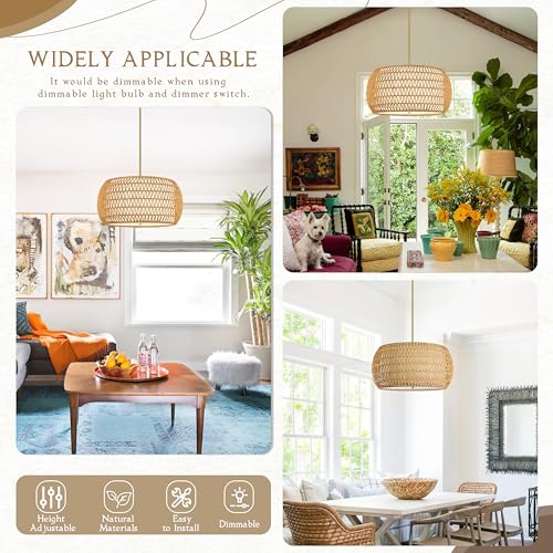 23 inch Natural 5 Light Rattan Chandelier Rattan Farmhouse Light Fixture Woven Pendant Lights Fabric Shade Boho Chandelier for Kitchen Dinning Room - color: 23"-Natural-Drum