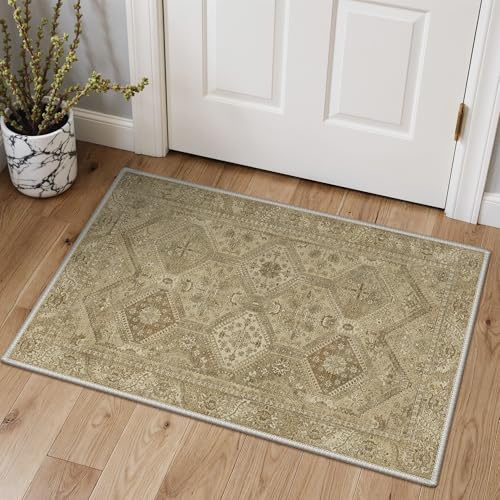 GENIMO Area Rug 2x3 Doormat, Machine Washable Low Pile Rugs, Small Retro Entryway Mat for Entrance, Hallway, Kitchen and Corridor, Tan Brown - color: Brown Tan, size: 2' x 3' (Rectangular)