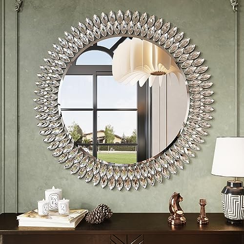 Kelly Miller Round Jeweled Mirror for Wall Decor, 32 in Modern Decorative Wall Mirror with Luxury Diamonds Beveled Vanity Mirror for Bedroom, Living Room, Bathroom, Hallway, Entryway, Fireplace - size: 32"L x 32"W