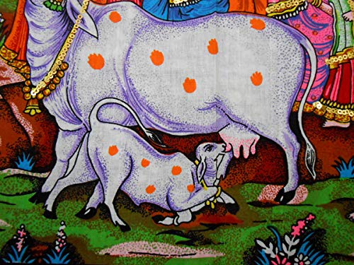 Krishna lifting Goverdhan Batik Cotton Wall Hanging Painting : Size 43"x30" Inches - color: Goverdhan